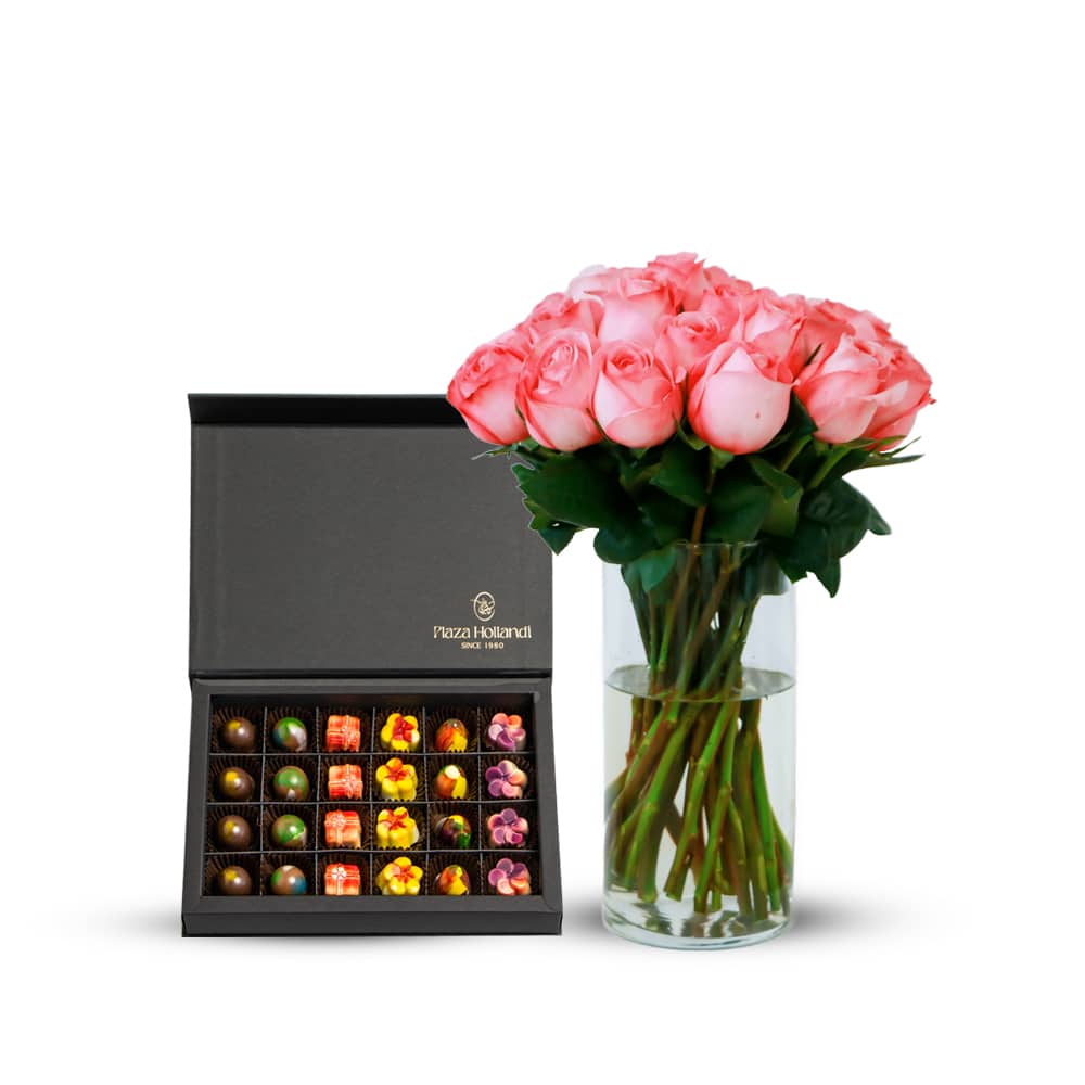 25 Pink X-Pression Garden Rose with Glass Vase and Chocolate