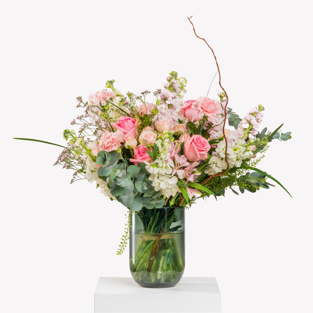 Green Bell with Pink Roses Bliss Arrangement
