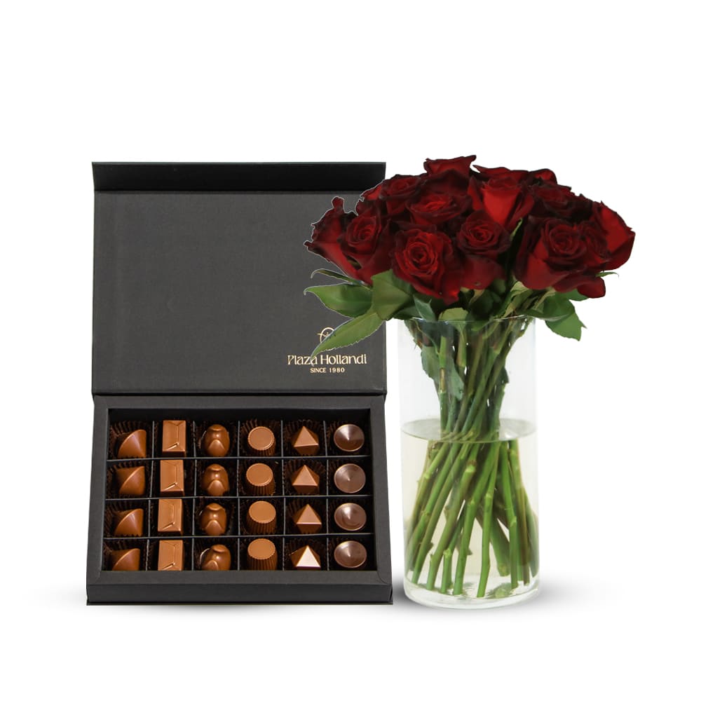 25 Black Baccara Roses with Glass Vase and Dessert Chocolate
