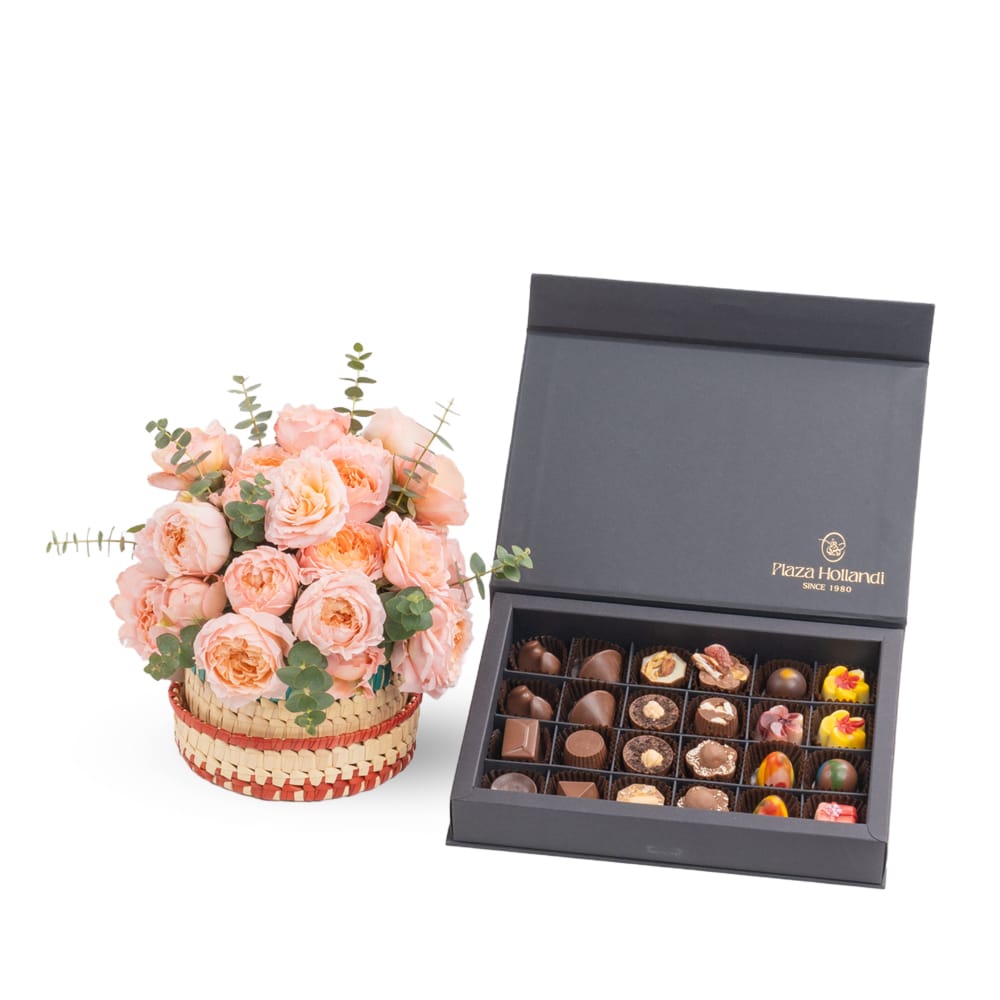 Peach Spray Roses Basket Delights With Chocolate