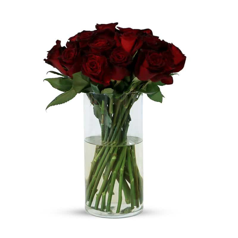 25 Black Baccara Roses with Glass Vase