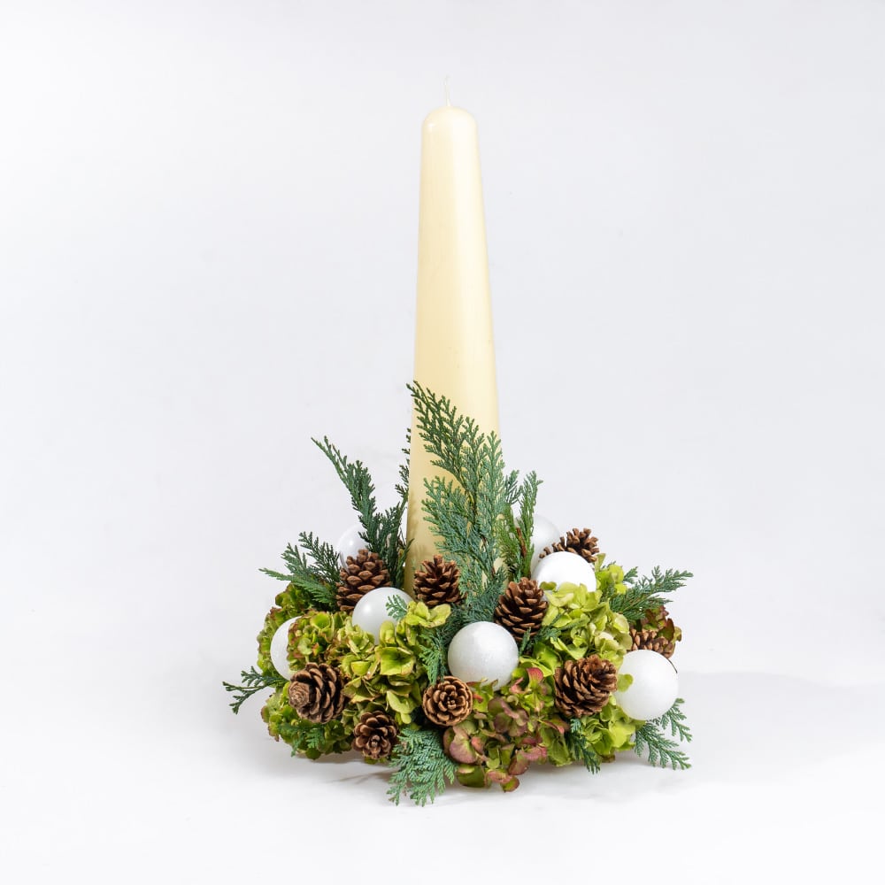 3 Pure Glow Cream Candle, Ornaments, and Pinecones Arrangement