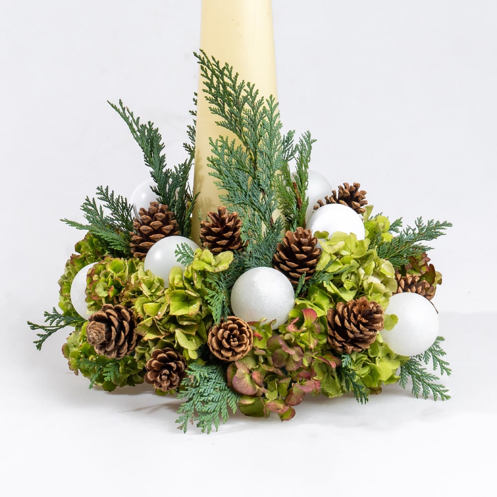 3.2 Pure Glow Cream Candle, Ornaments, and Pinecones Arrangement