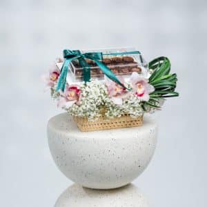 Elegant Gypsophila & Cymbidium Basket with Chocolate