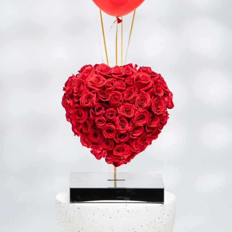 Floating Affection: Heart Roses on Acrylic Stand with Helium Balloons (45 cm)