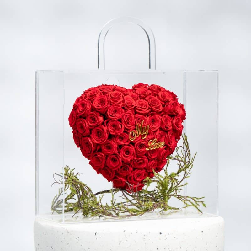 Acrylic Flower Bag (40 cm)-Preserved Roses & "My Love" Tag