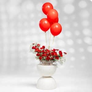 Romantic Wood Box: Red Gerbera & Roses, Limonium & Balloon