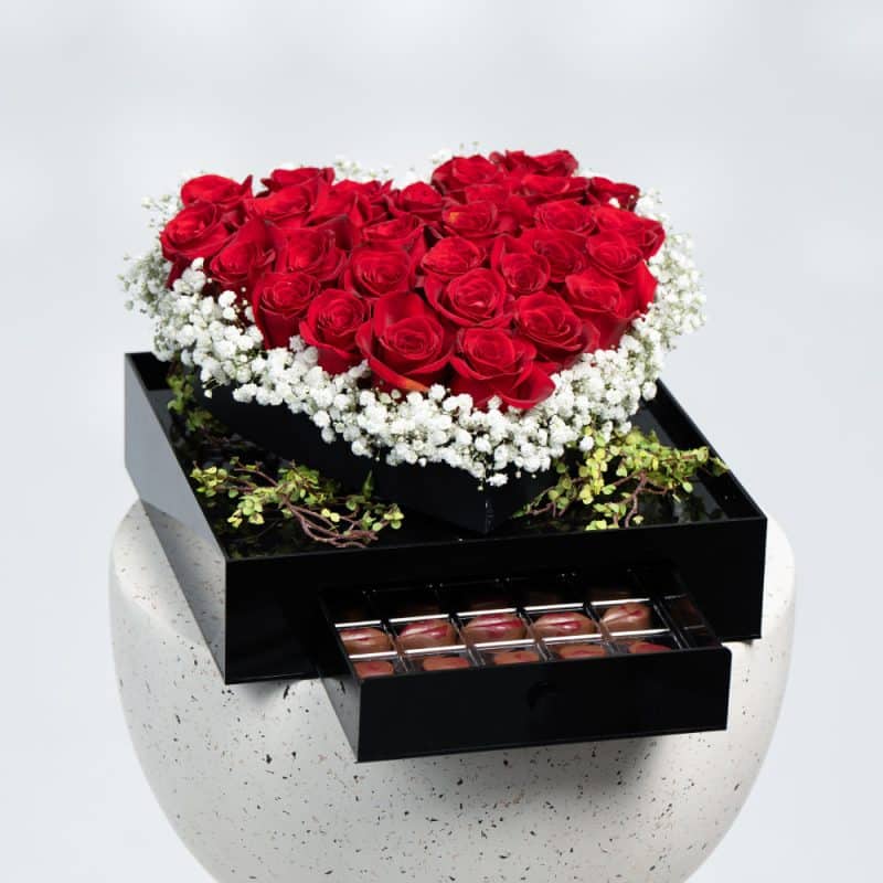 Red Roses & Gypsophila in Acrylic Box with Chocolate Drawer