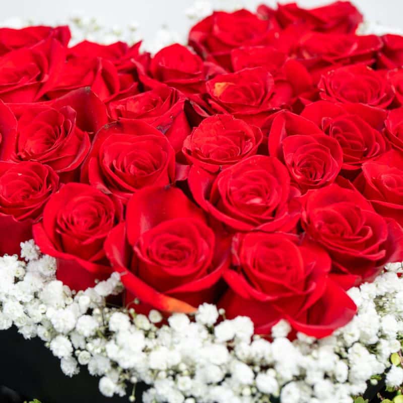 Red Roses & Gypsophila in Acrylic Box with Chocolate Drawer