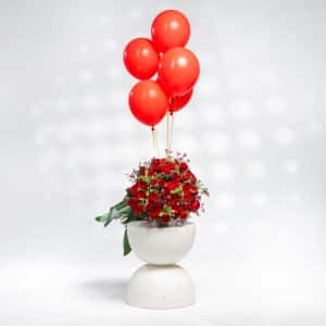 Red Roses, Limonium, Green Bell & Aspidistra With Balloon