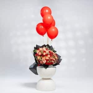 Love & Light: Orange & Red Roses with Limonium & Floating Balloon
