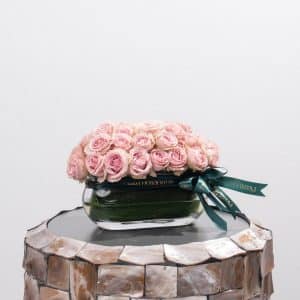 Light Purple Spray Roses in Rectangle Glass Bowl Vase - 14 cm
