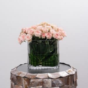 Peach Spray Roses in Rectangular Glass Vase - 18 cm