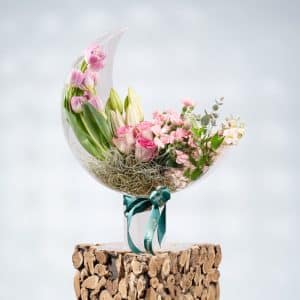 Moonlit Bloom: Pink Tulips, Roses & Lilies Elegance in Acrylic Moon