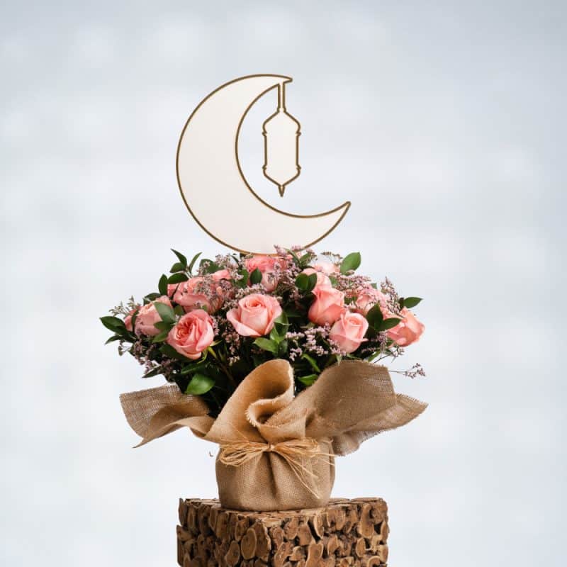 Dreamy Garden Roses Under the Crescent Moon with Lantern
