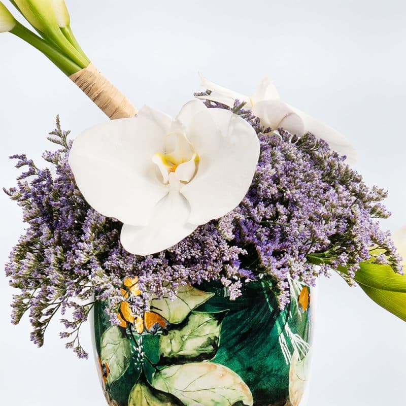 Elegant Floral Arrangement with White Calla Lilies, Limonium, White Cymbidium – 40cm