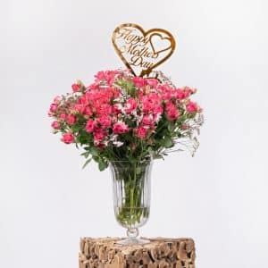 Limonium & Pink Baby Roses with Heart-Shaped Acrylic "Happy Mother’s Day" – 50cm