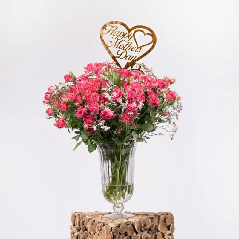 Limonium & Pink Baby Roses with Heart-Shaped Acrylic "Happy Mother’s Day" – 50cm