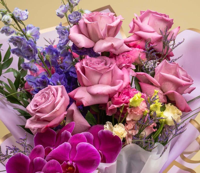 Royal Purple Mist - Roses Phalaenopsis Limonium Delphinium