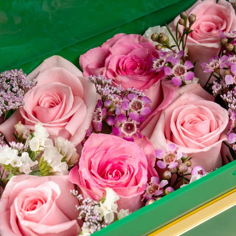 Pink Roses in Green Acrylic Box