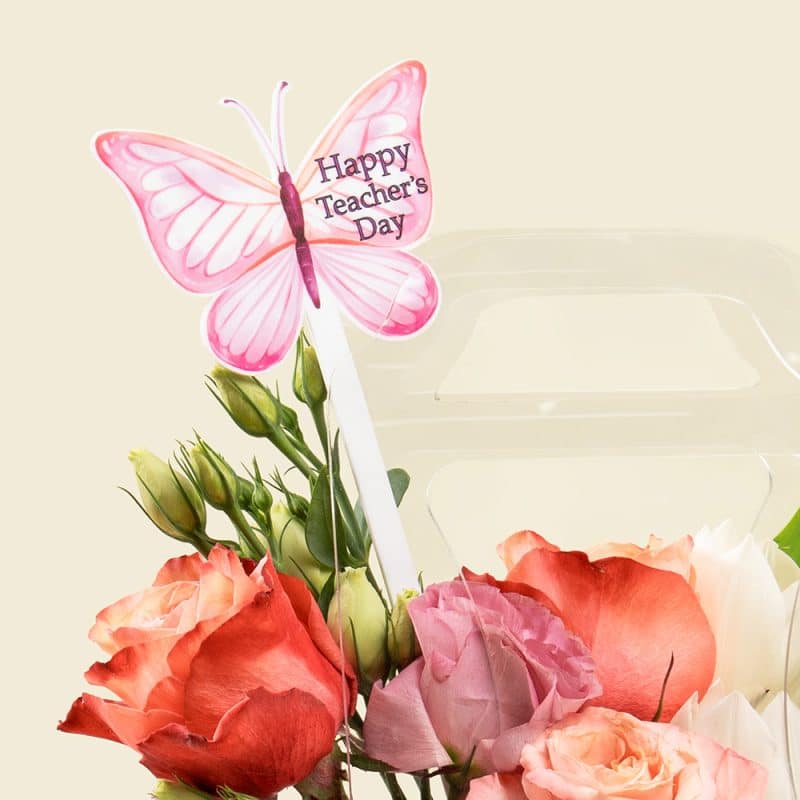 Elegant White Tulips & Orange Roses in Acrylic Handbag with Teacher’s Day Tag