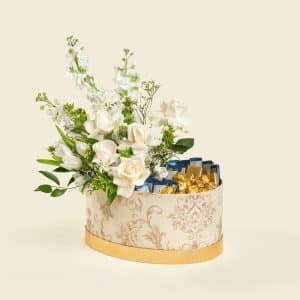 Matthiola, White Roses & Hydrangeas Bouquet (35cm) with 1Kg Praline Chocolates – Coleus, Ruscus & White Fillers