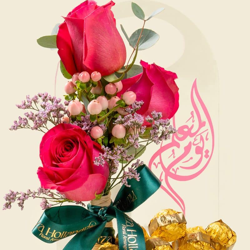 Dark Pink Roses, Hypericum & Limonium with Chocolates in Acrylic Handbag – Teacher’s Day Gift Special