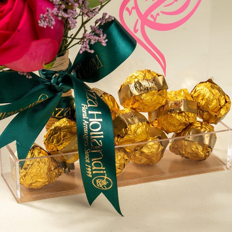 Dark Pink Roses, Hypericum & Limonium with Chocolates in Acrylic Handbag – Teacher’s Day Gift Special
