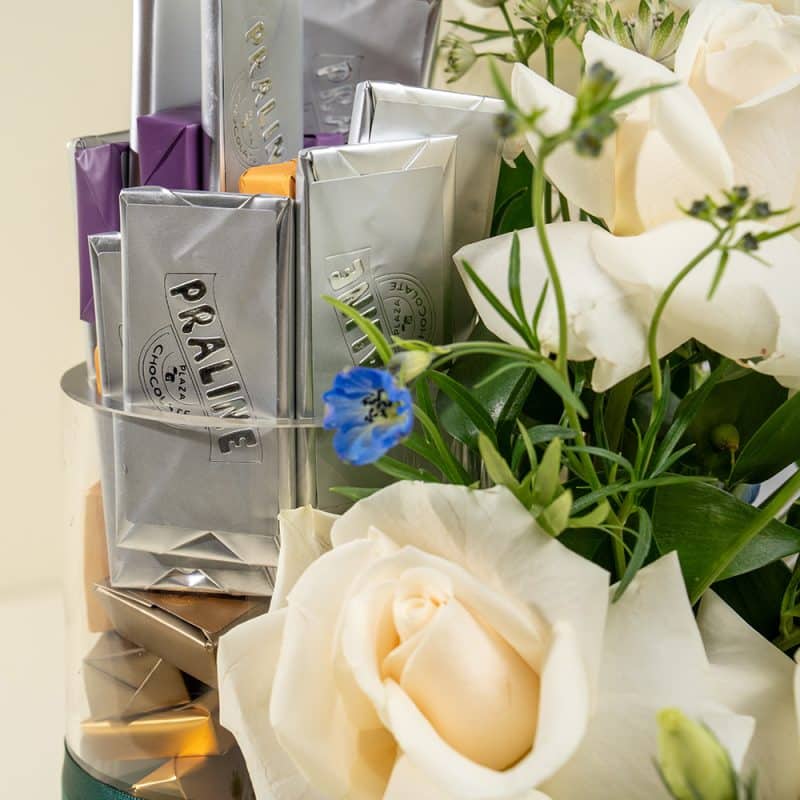 White Roses & Blue Delphinium Bouquet (35cm) with 1Kg Praline Chocolates
