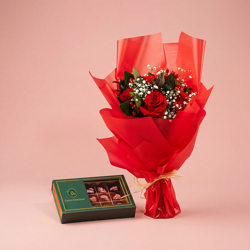 25-1-1.jpg Sweet Gift Arrangement with Roses & Chocolate