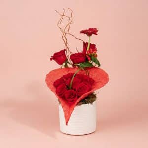 Elegant Vase Arrangement with Red Roses & Gerbera