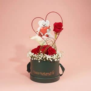 Heart Shape with Red Roses & Teddy Bear Tag