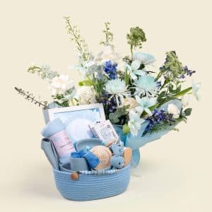 Luxury Baby Boy Keepsake Basket with Flowers & Personalized Feeding Set