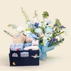 Luxury Baby Boy Gift Hamper with Fresh Flowers & Personalized Essentials