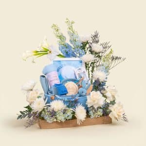 Baby Boy Keepsake Basket with Calla Lily & Personalized Essentials Doha Qatar