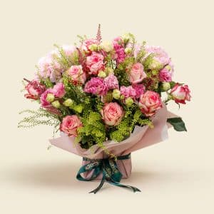 Blush Pink Roses Bouquet with Eustoma, Carnations & Green Bell
